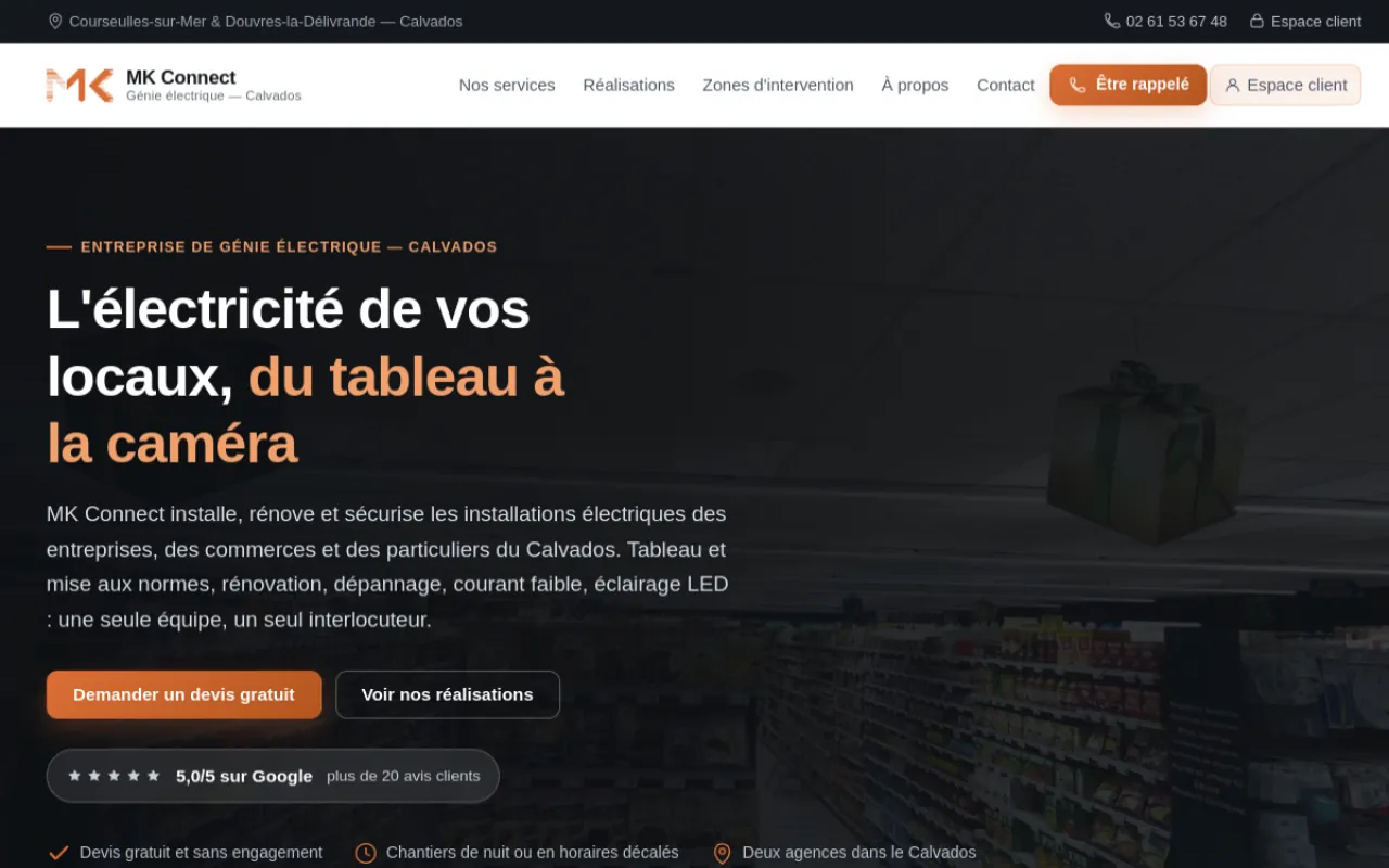 Après la refonte : nouvelle page d'accueil du site mk-connect.fr, électricien dans le Calvados
